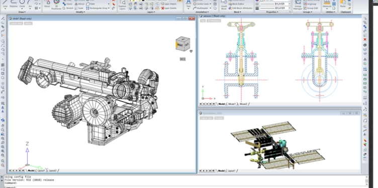 ArionCAD with a 3D view, a 2D drawing and several viewports